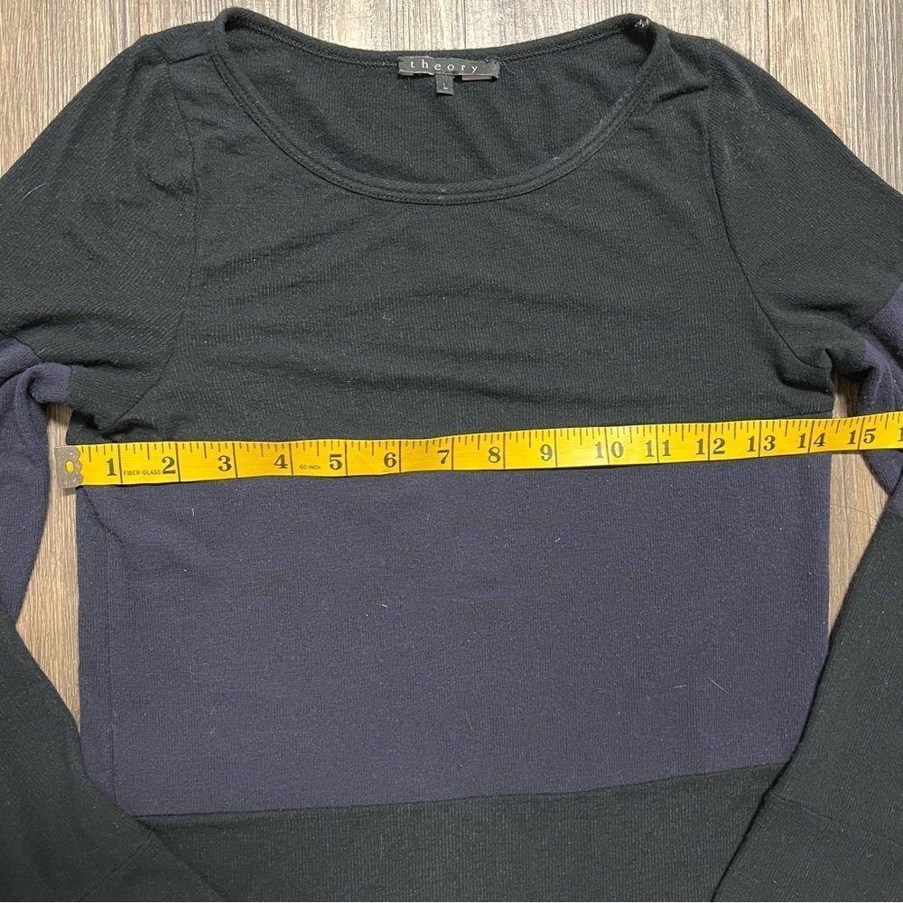 Theory 'Bernetta Black Blue Striped Long Sleeve Crew Neck Top Tee Shirt Size L - Picture 9 of 9